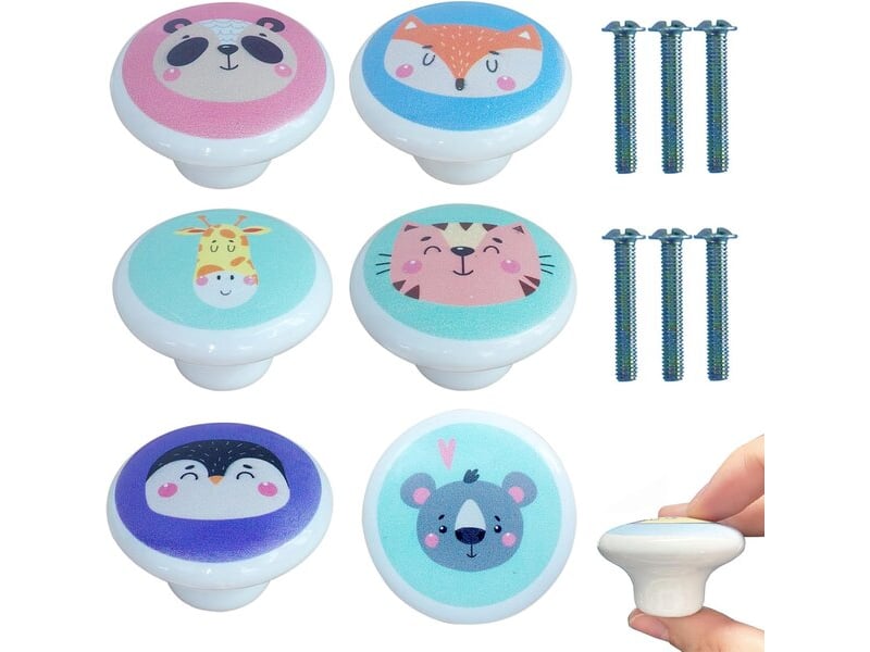 Jeu de 6 boutons de porte en céramique vintage en forme d'animaux, poignées rondes pour cuisines et chambres d'enfants - Conforama A
