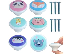 Jeu de 6 boutons de porte en céramique vintage en forme d'animaux, poignées rondes pour cuisines et chambres d'enfants