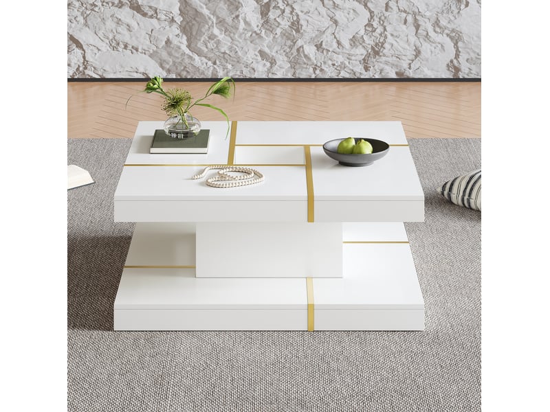  Table basse avec 2 niveaux et découpe centrale, style minimaliste, en panneau de particules blanc, 80 × 80 × 38 cm  - Conforama B