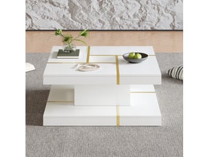 Table basse avec 2 niveaux et découpe centrale, style minimaliste, en panneau de particules blanc, 80 × 80 × 38 cm