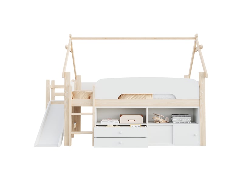  Lit mezzanine enfant 90x200 cm avec toboggan et rangements, bois naturel et blanc  - Conforama E