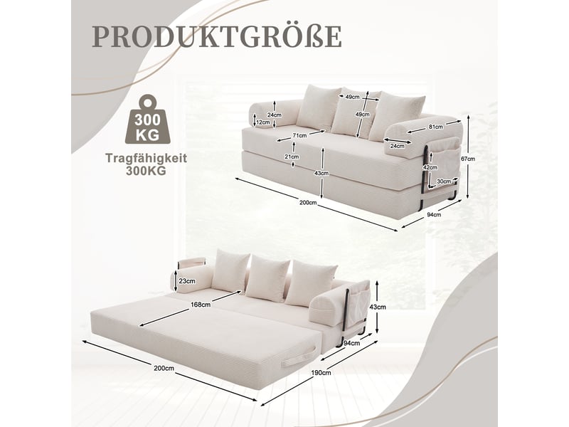 Canapé convertible 3 places canapé au sol canapé modulable canapé compressé en velours côtelé avec cadre en métals, beige - Conforama W