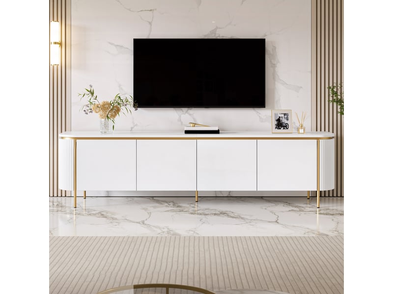  Meuble tv bas 180 x 38 x 46 cm, 6 portes, façades rainurées, extrémités arrondies, passe-câbles, pieds en métal, mdf, blanc  - Conforama E