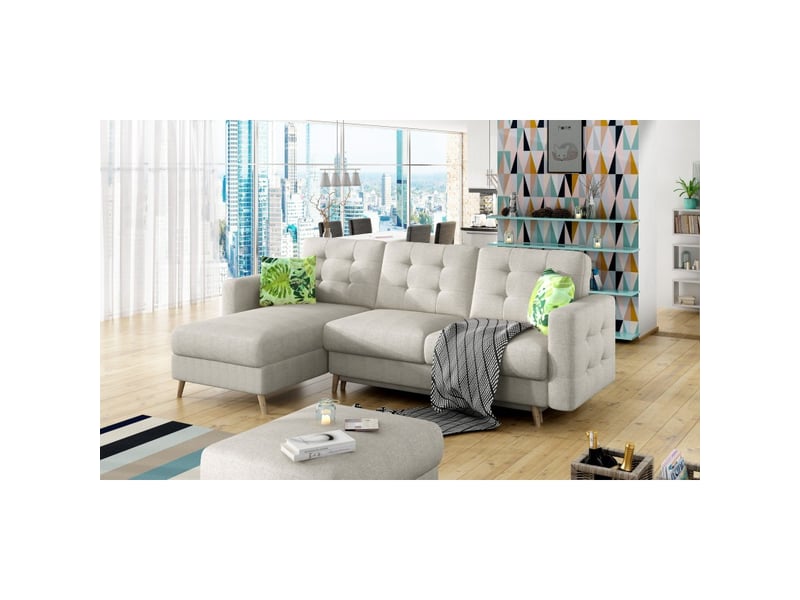 Canapé d'angle convertible hasgard 3 places beige 248x162 cm – coffre et pieds bois - Conforama D