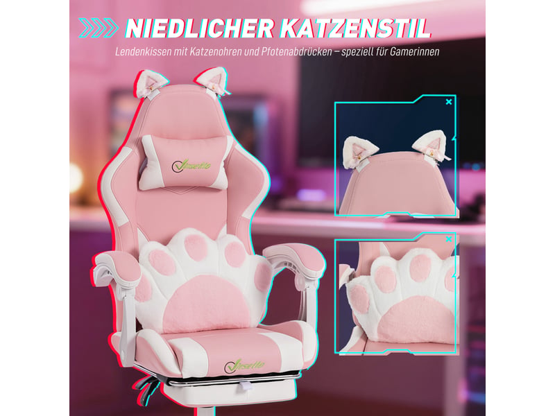  Fauteuil de jeu ergonomique, fauteuil gamer à oreilles de chat en similicuir avec soutien lombaire, repose-pieds et appui-tête, rose  - Conforama E