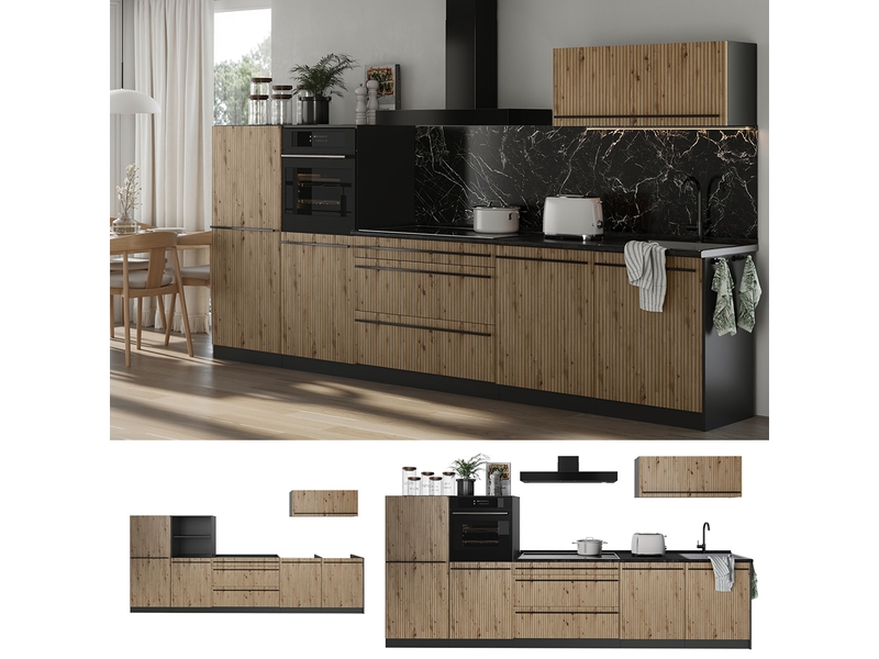  Vicco cuisine, chêne artisananthracite, 340cm plan de travail marbre  - Conforama D