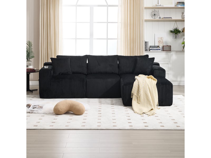Canapé modulable 257 x 90-160 x 62 cm, méridienne, module 2 places, 5 coussins, porte-gobelets, poches latérales, velours côtelé, noir Bliss Lite - Conforama E