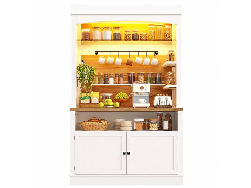 Lot de 2 buffets de cuisine hauts led avec étagère en verre et 6 crochets, pour cuisine, mdf blanc, 107 × 34 × 184 cm - Conforama A
