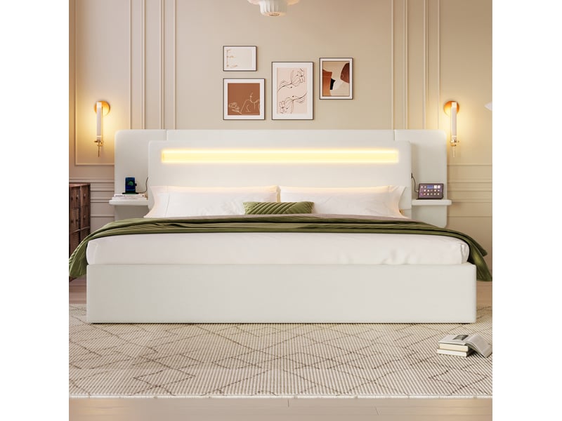 Lit coffre 180 × 200 cm avec éclairage led multicolore, table de chevet, port usb, en lin et mdf, beige pour chambre - Conforama D