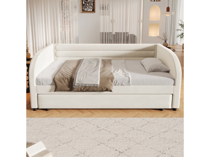 Lit gigogne 1 place 90 × 200 cm avec led multicolore et couchage d'appoint, sans matelas, en flanelle beige - Conforama B