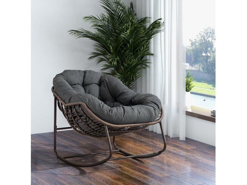 Fauteuil à bascule extérieur en résine tressée gris foncé avec coussin épais, pour balcon, terrasse et jardin - Conforama B