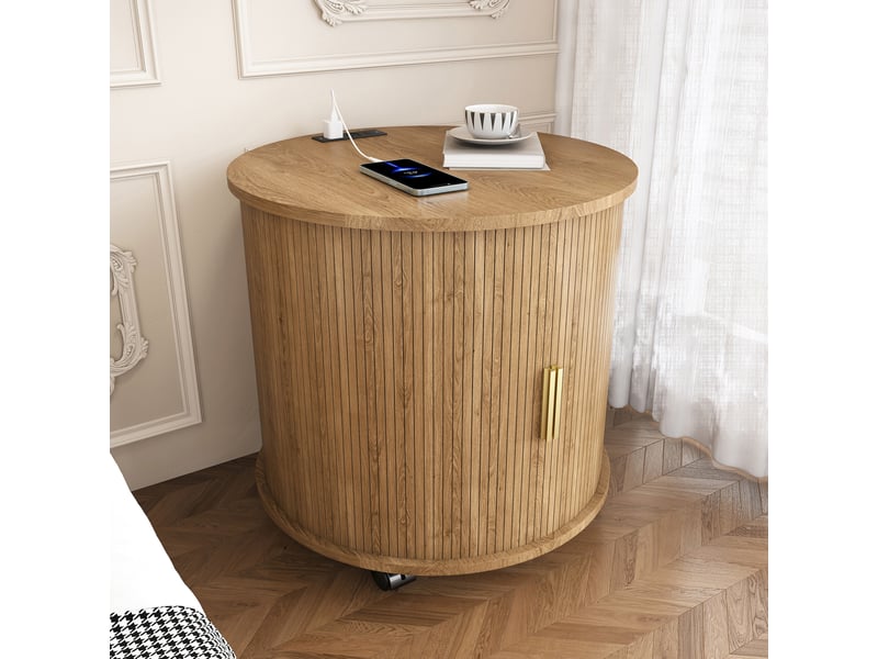  Table de chevet ronde avec porte coulissante, prise et 2 ports usb, rangement à 2 niveaux pour chambre, décor chêne  - Conforama D