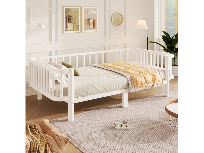  Lit banquette 1 place 90 × 200 cm, structure en acier, usage canapé et lit, sans matelas, blanc  - Conforama C