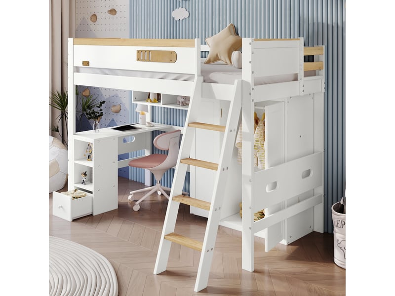  Modenvie lit mezzanine enfant 90x200 cm - avec bureau, armoire et rangements ouverts, sans matelas - blanc et naturel  - Conforama D