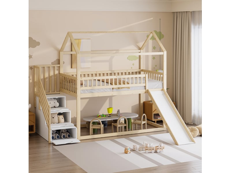  Lit mezzanine, 90x200 cm, avec toboggan, échelle aménagée garde corps haut, matelas non inclus, bois, coloris naturel  - Conforama E