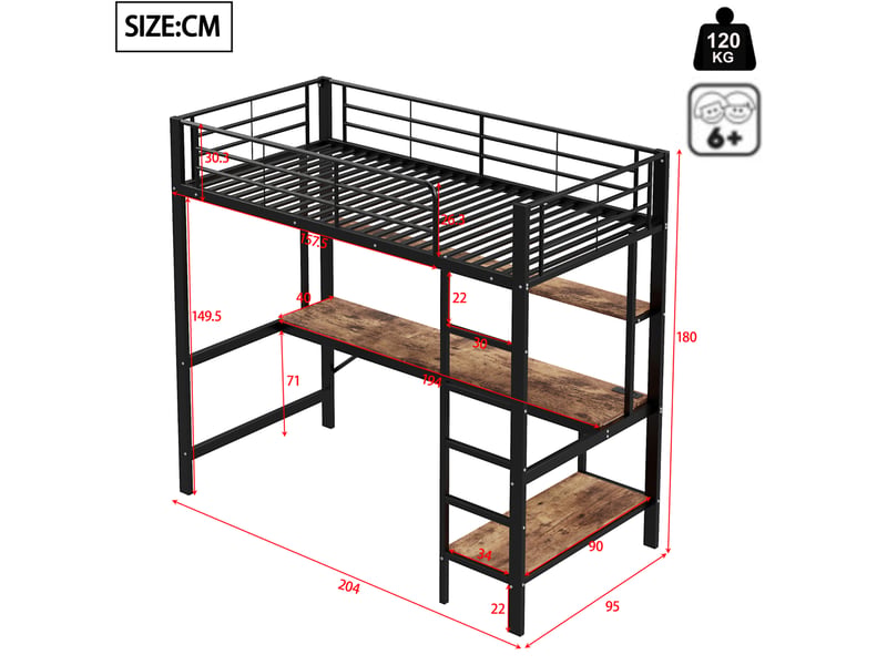  Lit mezzanine enfant 90 x 200 cm noir avec bureau, étagères, led, usb et prise  - Conforama E