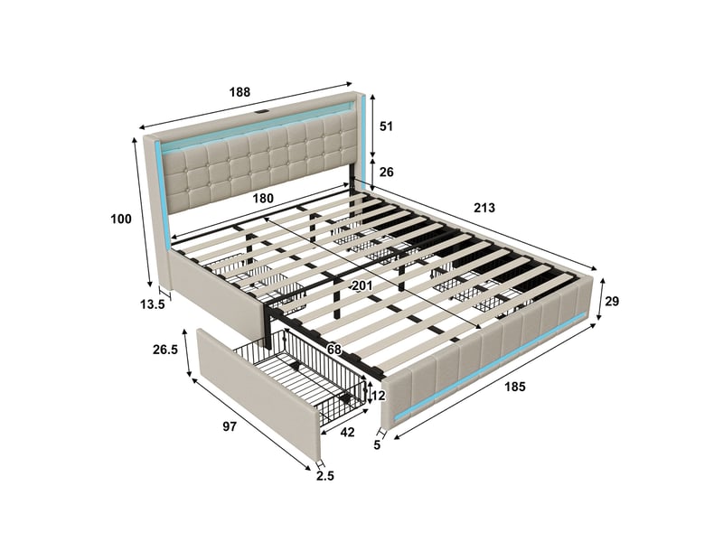 Lit adulte 180x200 avec 4 tiroirs de rangement et led rgb - tête de lit connectée usb & usb-c - tissu beige foncé moderne - Conforama E
