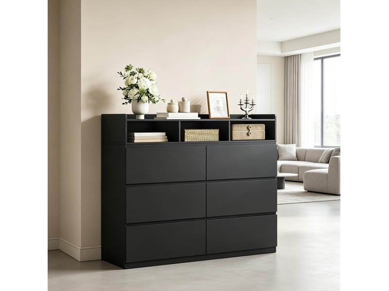  Commode noire 120 x 40 x 100 cm avec 6 tiroirs et 3 niches ouvertes, rangement  - Conforama C