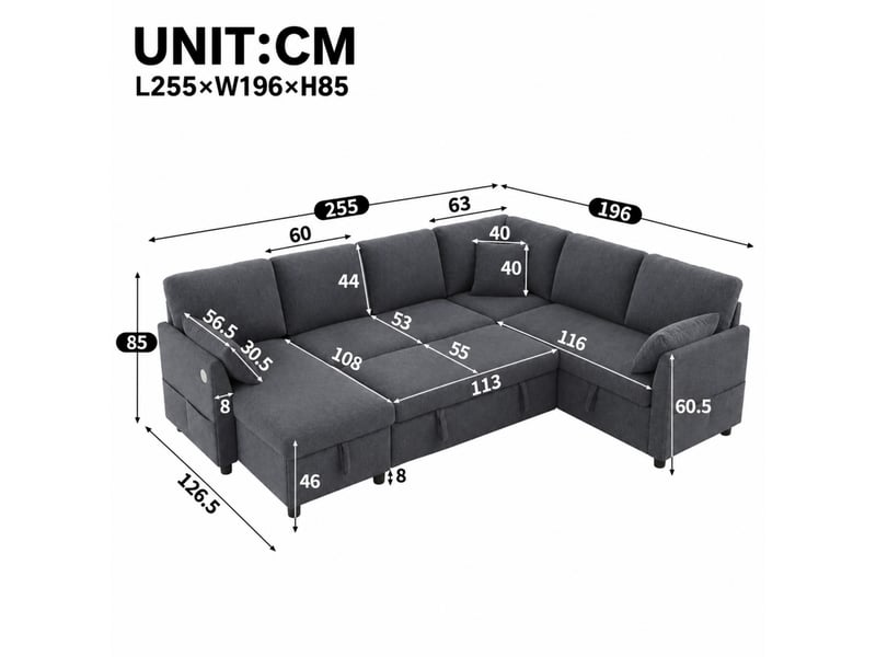  Canapé d’angle convertible 6 places 255 x 196 x 85 cm, réversible, 2 coffres de rangement, usbusb-c, 3 coussins, gris  - Conforama C