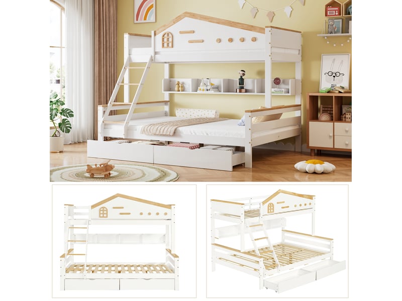  Lit superposé enfant 90x200 et 140x200 cm avec tiroirs, blanc et naturel  - Conforama E