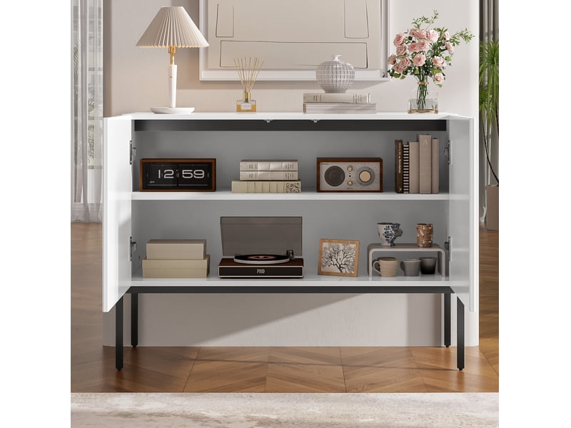  Buffet 2 portes avec rangement, pieds en métal, lignes arquées et rainures pour salon, blanc, 100 × 40 × 75 cm  - Conforama D