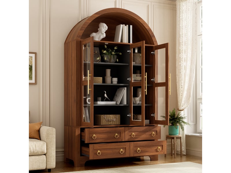 Buffet haut 110x40x185 cm avec 3 portes vitrées, 4 tiroirs et niche ouverte arrondie, meuble rangement salon mdf - noyer - Conforama D