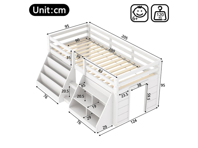Lit mi-hauteur blanc 90 × 200 cm en pin, étagères de rangement, garde-corps et échelle - Conforama C