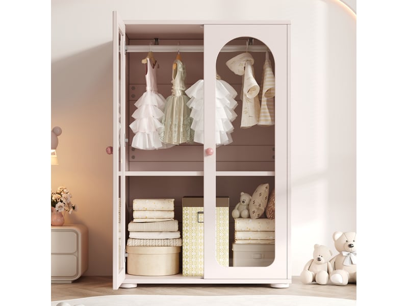  Armoire avec 2 portes transparentes, penderie et étagères réglables pour chambre en mdf rose 80 × 50 × 120 cm  - Conforama B