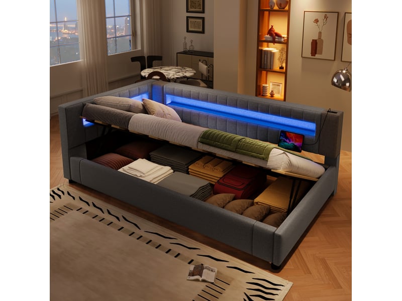  Lit simple 90x200 cm rangement hydraulique et led en lin gris  - Conforama C