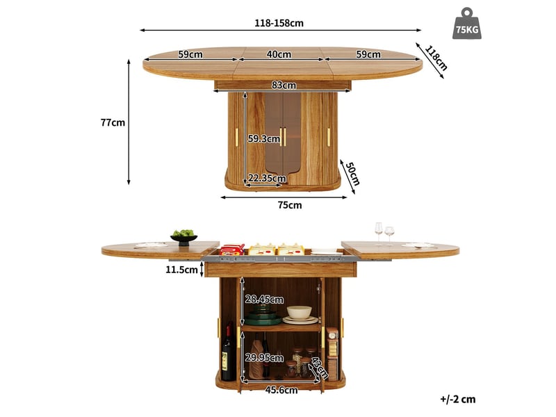  Table à manger 118-158 cm table de salle à manger extensible table de cuisine de ronde à ovale portes en verre capacité jusqu'à 6 personnes coloris noyer  - Conforama C