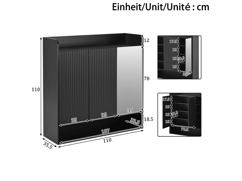  Meuble à chaussures 110x35,5x110 cm avec miroir et rangements modulables en mdf et panneau de particules noir  - Conforama C