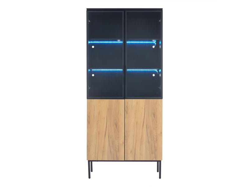 Vitrine noir et chêne 180 cm avec portes en verre, éclairage led et 5 étagères pour collections - Conforama A