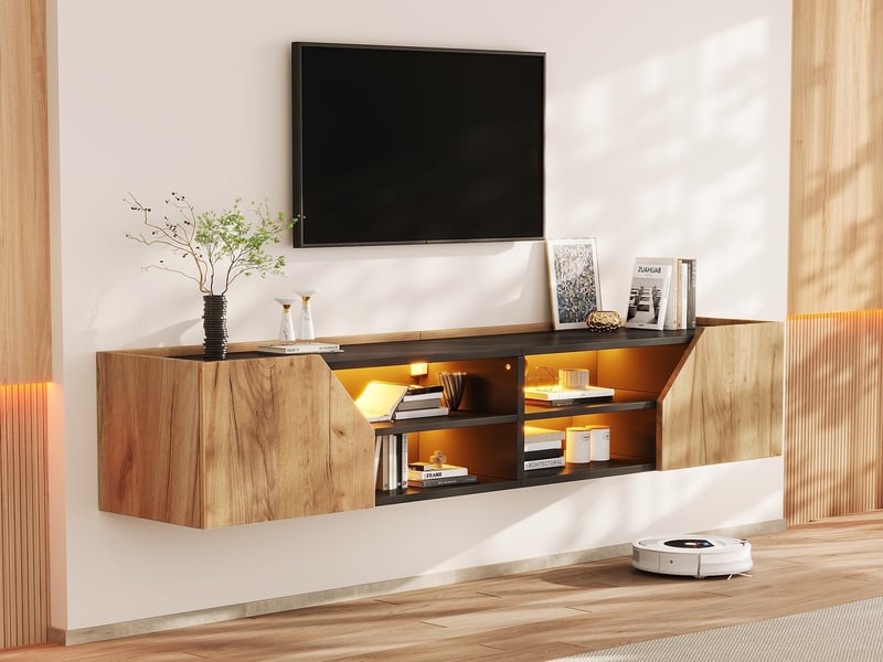  Meuble tv mural, 180 x 36,5 x 40 cm, noir et finition bois, meuble suspendu avec 2 portes au design géométrique, 6 espaces de rangement  - Conforama B