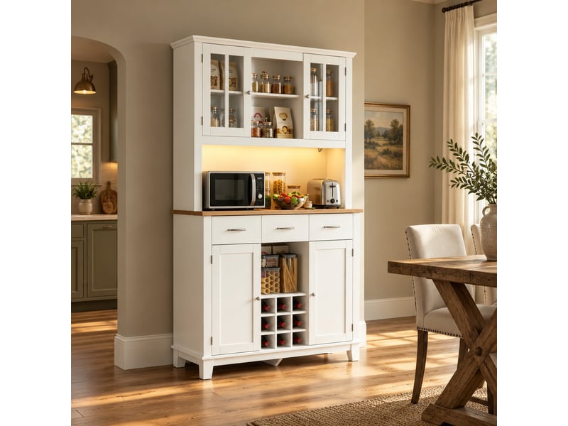 Buffet de cuisine haut avec 4 portes, 3 tiroirs, casier à vin, led pour cuisine en mdf, 100×39,5×180 cm blanc et chêne - Conforama B