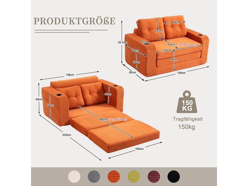 Canapé convertible 2 places en velours côtelé orange 136 cm, canapé lit compact avec assise rembourrée pour petit salon IKSETERA TRADING LTD - Conforama C