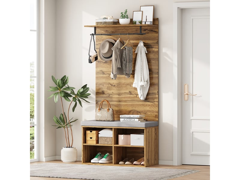  Meuble d'entrée avec banc à chaussures rembourré, penderie, étagères réglables et 2 patères, effet chêne, 84 × 35 × 175 cm  - Conforama B