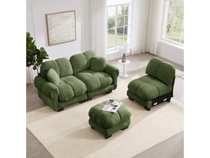 Canapé d'angle 3 places l-forme chenille vert nuage avec pouf mobile et coussins décoratifs