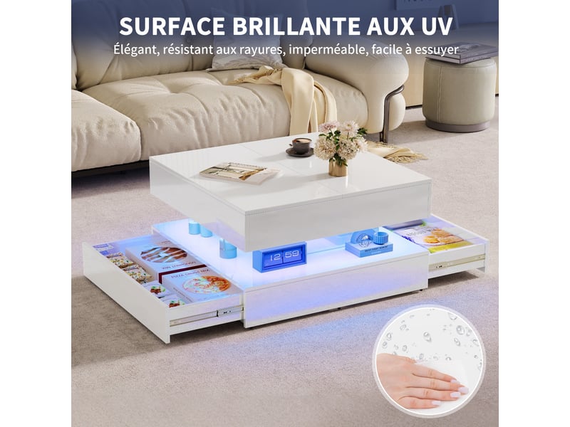  Table basse carrée 78x78x43 cm – éclairage led rgb intelligent  -grand espace de rangement innovant – blanc  - Conforama D