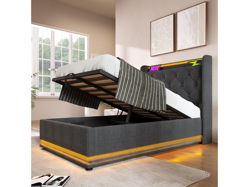  Lit rembourré 90*200 cm avec led 360°, usb-c et coffre hydraulique, lit simple gris lin, sans matelas  - Conforama C