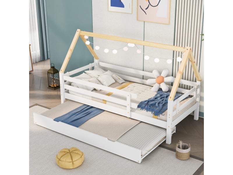  Lit cabane 200 x 90 cm, lit gigogne lit en bois, blanc et naturel  - Conforama B