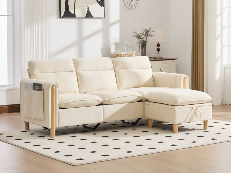 Canapé d'angle 3 places, avec pouf de rangement, 201x77x86cm, beige - Conforama B