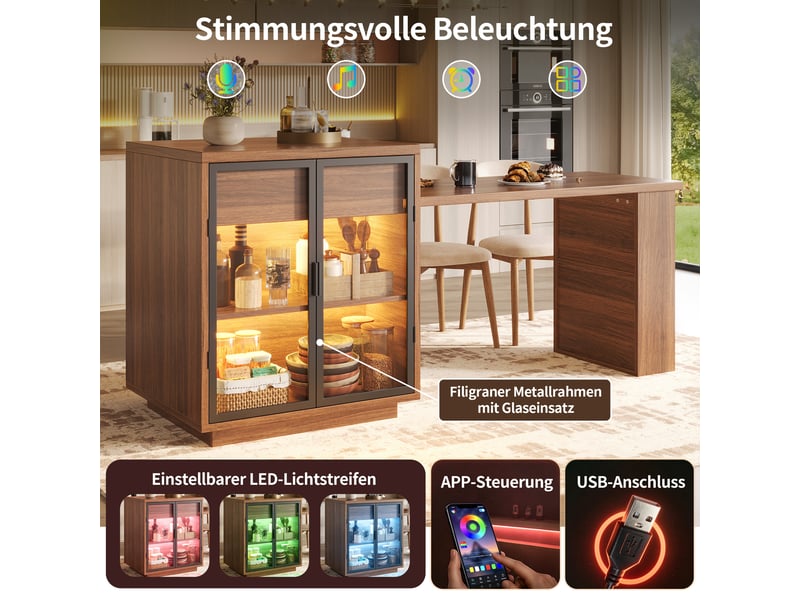  Îlot central de cuisine extensible 122-194,5 cm marron foncé avec placard double porte, tiroir, led, usb et étagère ouverte Morn Vibe - Conforama D