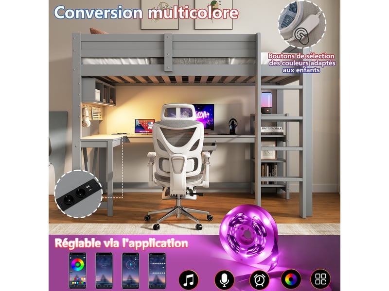 Lit mezzanine 90x200 cm, lit combiné, penderie, rangements intégrés, éclairage led, prises intégrées, support à lattes stable, pin gris OPULERANE TRADING LTD - Conforama E