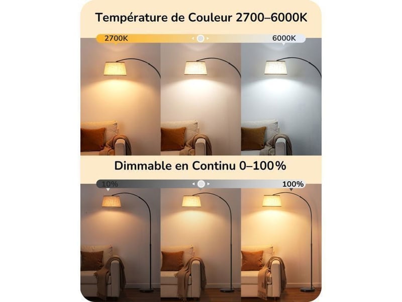  Lampadaire arc noir beige hauteur reglagee 143 176 cm tete orientable 180 350 telecommande et pedale variateur 0 100 370618_AACKG61997_6_DROPFR - Conforama D