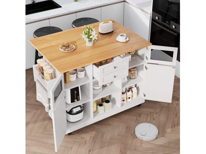  Desserte de cuisine 140x40x93,5 cm blanche en mdf et métal, plateau pliant, rangements à roulettes  - Conforama B