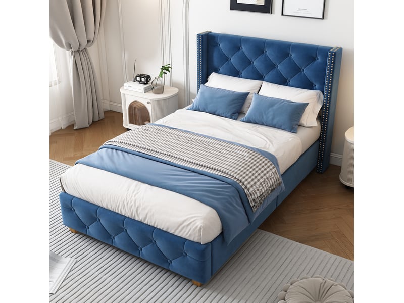  Lit simple 90x200 cm en velours bleu avec sommier à lattes et tête de lit  - Conforama D