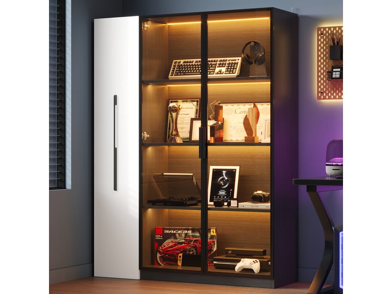 Vitrine led verre 110x35x160cm meuble de rangement buffet haut bibliothèque avec portes vitrée étagère coulissante, noir - Conforama E