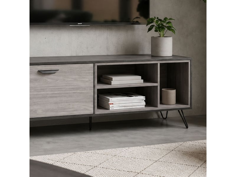  Meuble tv 1 porte 3 niches 150cm aspect bois grisé et noir - brooklyn BROOKLYN - Conforama E