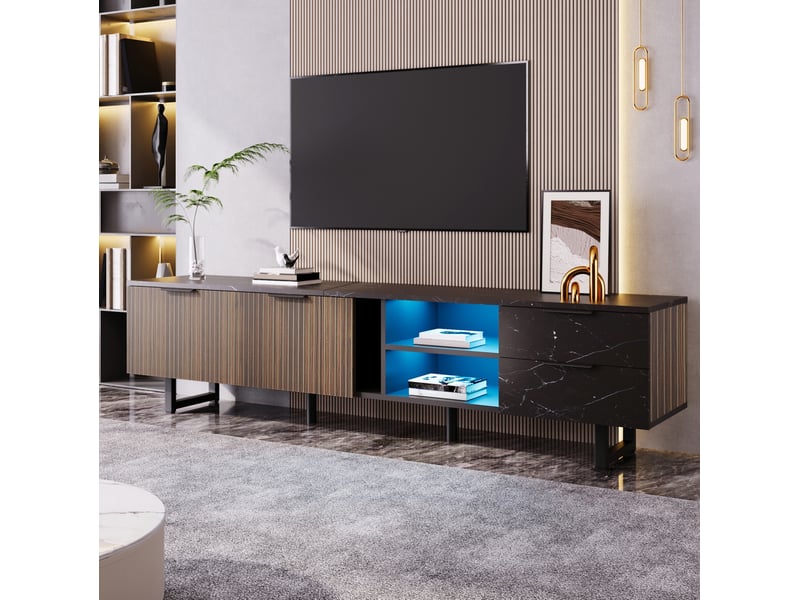  Meuble tv 200 x 38 x 50 cm rangement led couleurs 2 portes 2 tiroirs 2 niches pieds 15 cm mdf noir veinage bois foncé  - Conforama B