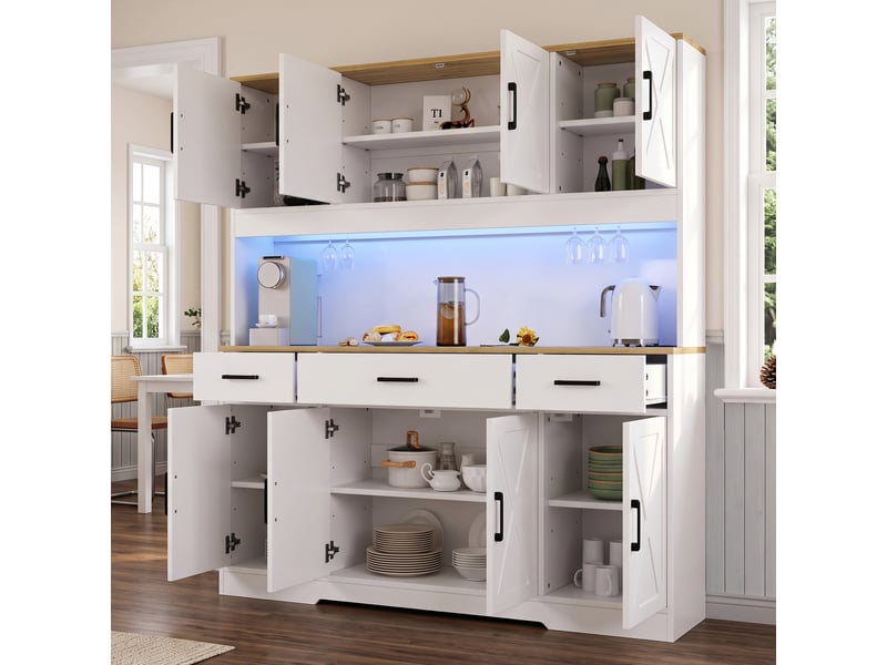 Buffet haut 150x40x180 cm, vaisselier avec rangements, 2 porte-verres, prise, usb-a et usb-c, bande led multicolore, blanc et chêne evarich - Conforama E